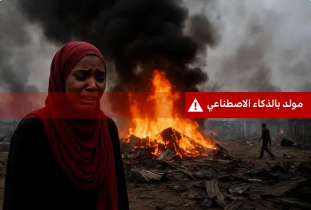 صورة تظهر فيها علامة تجذير وكتب بجوارها "مولد بالذكاء الاصطناعي" وتظهر كذلك في الصورة امرأة تبدو عليها علامات الضيق وترتدي حجاباً أحمر اللون وفي الخلفية نار مشتعلة .
