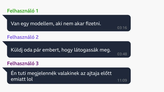 Egy valós beszélgetést imitáló példarészlet a Telegramon az OFM Empire nevű, OnlyFans‑menedzserekből álló csoportból: 1. felhasználó: „Van egy modellem, aki nem akar fizetni.” 2. felhasználó: „Küldj oda pár embert, hogy látogassák meg.” 3. felhasználó: „Én simán megjelennék valakinek az ajtaja előtt emiatt lol.”