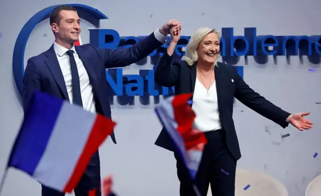 Führer der National Rally Party (RN): Herr Jordan Bardella und Frau Marine Le Pen