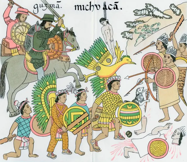 Una ilustración de un ataque de españoles e indígenas al pueblo purépecha de Michoacán