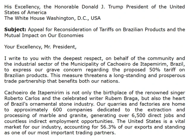 Trecho da carta enviada pela prefeitura de Cachoeiro a Trump