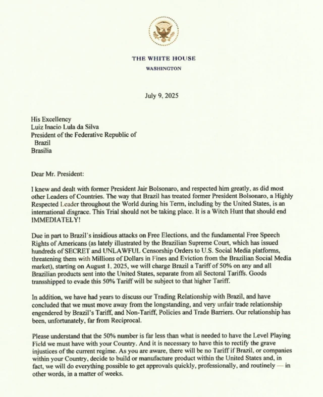 Imagem da primeira página da carta enviada por Donald Trump ao presidente Lula em que ele anuncia tarifas de 50% a qualquer produto brasileiro exportado para os Estados Unidos