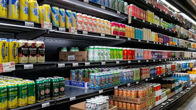 Prateleiras de supermercado repletas de latas de bebidas, com diferentes marcas, sabores, cores e embalagens, destacando a variedade disponível no mercado.