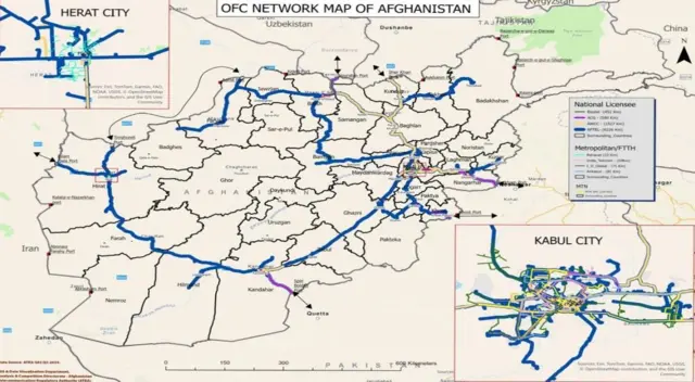 افغانستان کې ۹۳۵۰ کیلومتره د نوری فایبر مزي غځېدلي دي.