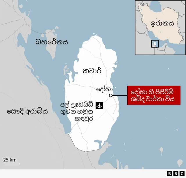 A map of Qatar and surrounding countries, including Bahrain and Saudi Arabia. The map highlights the location of Doha on the east coast and Al Udeid Air Base, locally more centrally in Qatar. An inset map shows the broader region with Iran labelled.