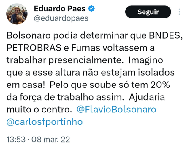 Capturabetano aposta como funcionatela mostra tuítebetano aposta como funcionaEduardo Paes pedindo volta ao trabalho presencial ainda durante o governo Bolsonaro