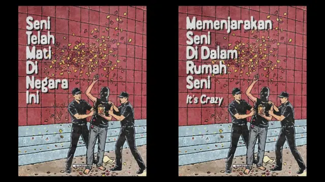 Ilustrasi oleh @ajiarchive.psd, protes berupa aksi teatrikal tebar bunga di ArtJog 2026