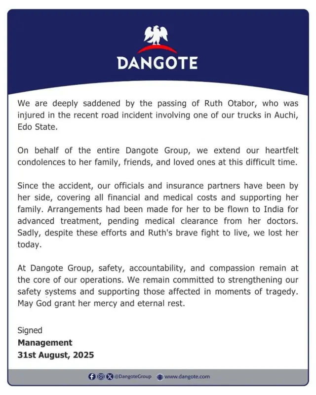 Àtẹ̀jáde tí iléeṣẹ́ Dangote fi léde lórí ikú Ruth Otabor