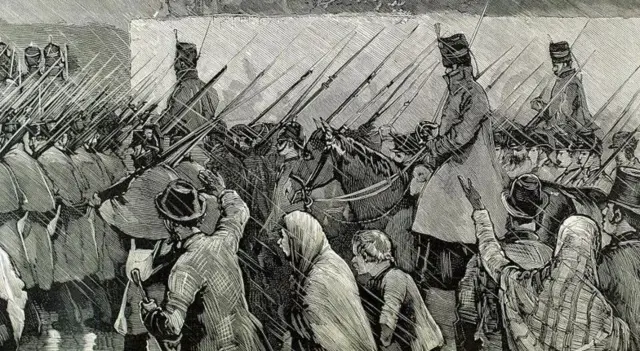 Illustration d'une armée protégeant la propriété de Boycott de la colère des habitants.