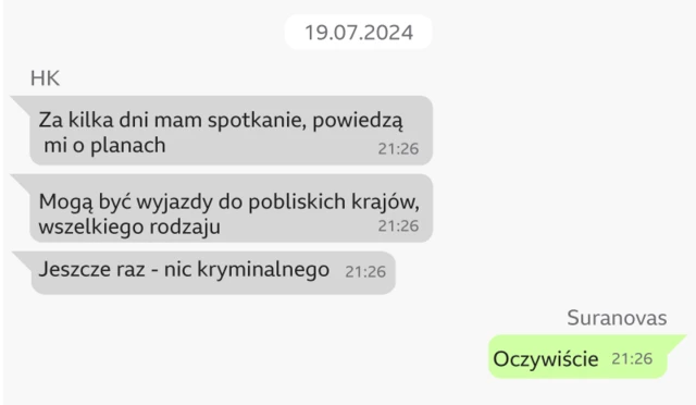 Zdjęcie wiadomości, które wymieniano na Whatsappie, aby umożliwić rozsyłanie paczek z ładunkami wybuchowymi