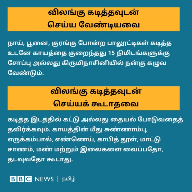 விலங்கு கடித்தவுடன் செய்யக் கூடியவை: நாய், பூனை, குரங்கு போன்ற பாலூட்டிகள் கடித்த உடனே காயத்தைக் குறைந்தது 15 நிமிடங்களுக்கு சோப்பு அல்லது டெட்டால் போன்ற கிருமிநாசினியை பயன்படுத்தி தண்ணீரில் நன்கு கழுவ வேண்டும். கடித்த இடத்தில் தையல் போடுவதைத் தவிர்க்க வேண்டும்.  விலங்கு கடித்தவுடன் செய்யக் கூடாதவை: காயத்தின் மீது சுண்ணாம்பு, எருக்கம்பால், எண்ணெய், காபித் தூள், மாட்டு சாணம், மண் மற்றும் இலைகளை வைப்பதோ, தடவுவதோ கூடாது.