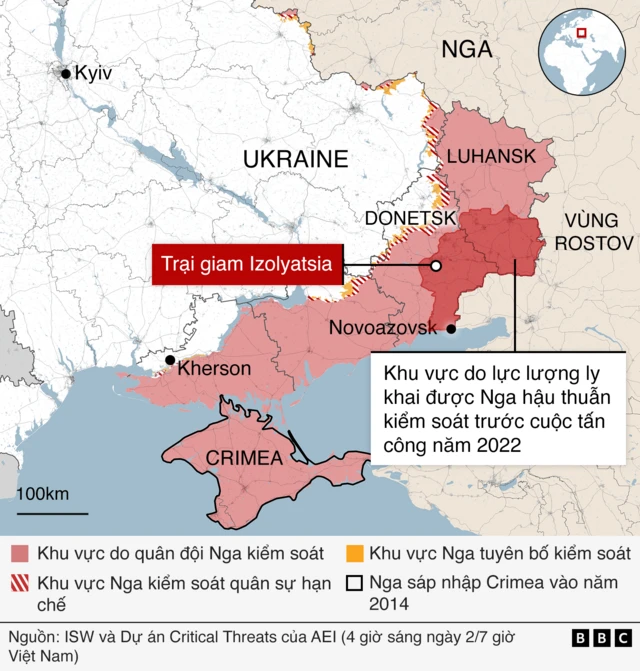 Bản đồ khu vực đông nam Ukraine, thể hiện đường chiến tuyến hiện tại và các khu vực do lực lượng ly khai được Nga hậu thuẫn kiểm soát trước khi cuộc xâm lược toàn diện bắt đầu vào năm 2022