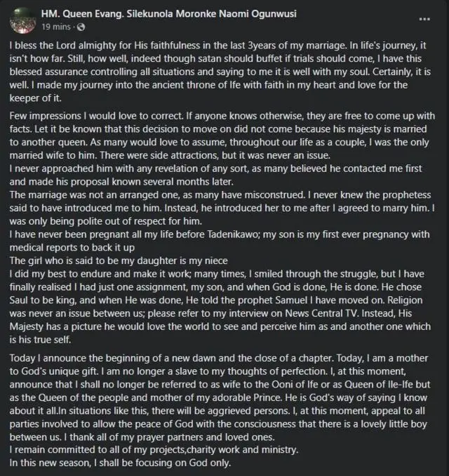 Aworan ohun ti Naomi Silẹkunọla kọ lori ituka igbeyawo rẹ.