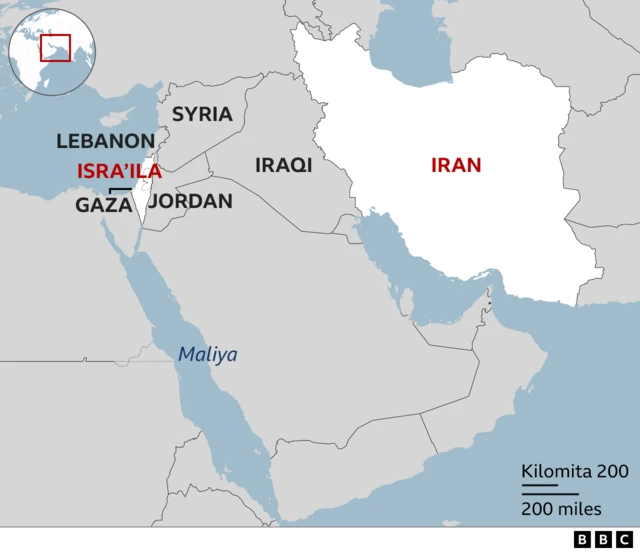 Map of the Middle East, showing Israel, Gaza, Iran, Lebanon, Jordan, Syria and Iraq
