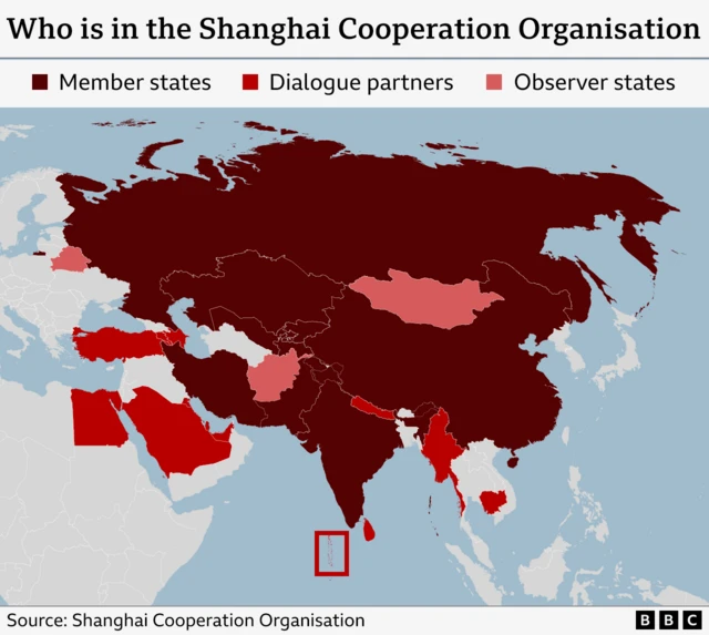 Map showing the countries members of the Shanghai Cooperation Organisation