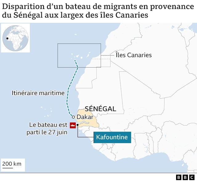Graphique itinéraire de la barque de migrants.