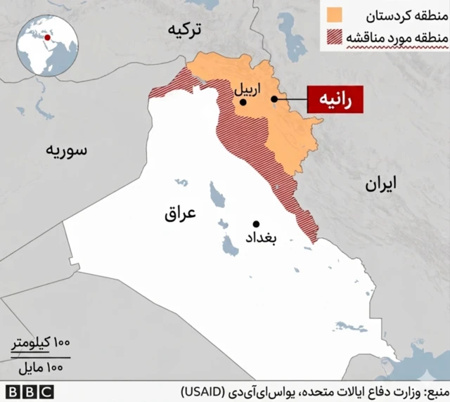 نقشه، محل شهر رانیه در اقلیم کردستان عراق