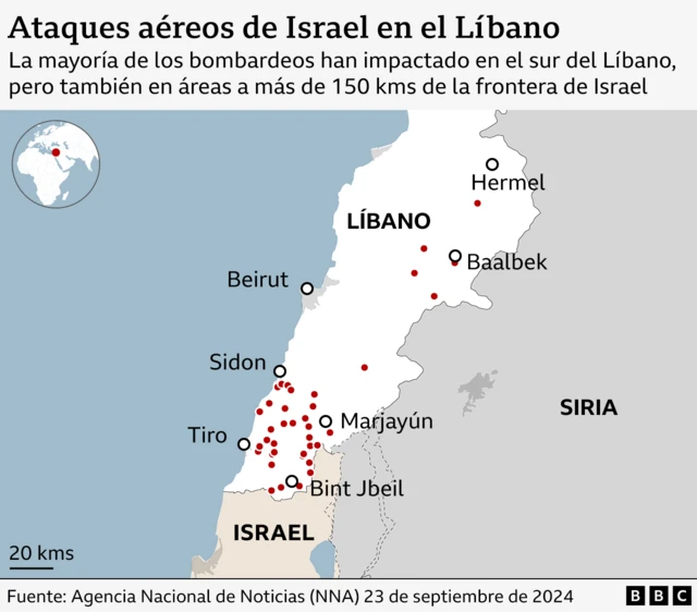 Mapa de los ataques de Israel en Líbano