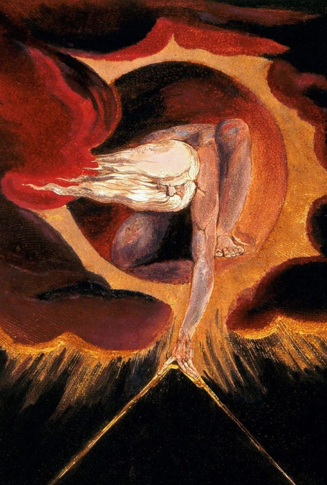 "L'Ancien des jours", de William Blake, avec Urizen (l'incarnation de la sagesse conventionnelle et de la loi dans son univers mythologique) tenant un compas, symbole pour lui de la raison, limitant l'imagination