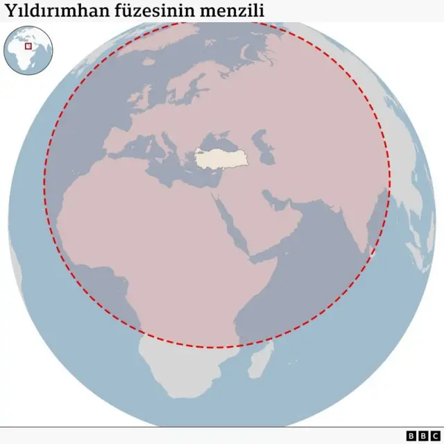 Yıldırımhan füzesinin menzilini gösteren küre şeklinde dünya haritası. Avrupa'nın açıklarından Sri Lanka ve Madagaskar'a kadar bir alanı kaplayan, Türkiye'nin merkezinde olduğu kırmızı bir çember var.
