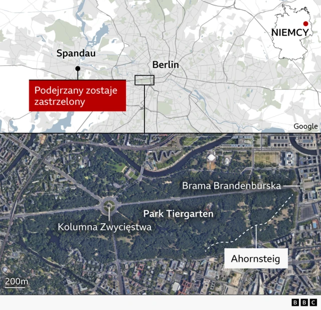 Mapa pokazuje lokalizację Spandau w zachodniej części Berlina, gdzie podejrzany został zastrzelony, wraz z odpowiednim oznaczeniem. Druga mapa pokazuje Tiergarten po lewej stronie od Bramy Brandenburskiej oraz oznaczenie ulicy Ahornsteig.