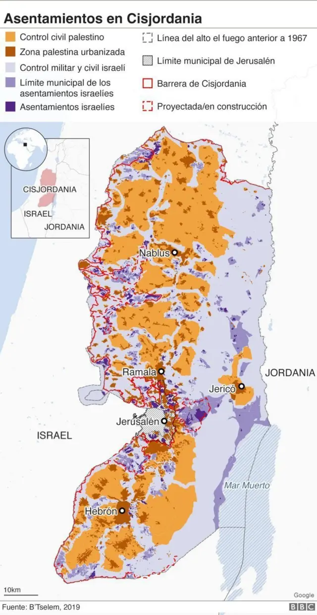 Mapa que muestra los asentamientos israelíes en Cisjordania. 