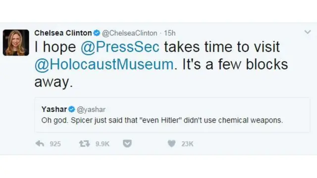 Chelsea Clinton: "Umarım Basın Sözcüsü'nün Holokost Müzesi'ni ziyaret etmeye vakti olur. Sadece birkaç blok ötede."