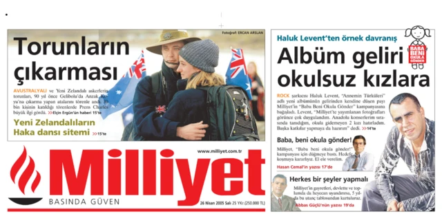 26 Nisan 2005 tarihli Milliyet gazetesi birinci sayfası