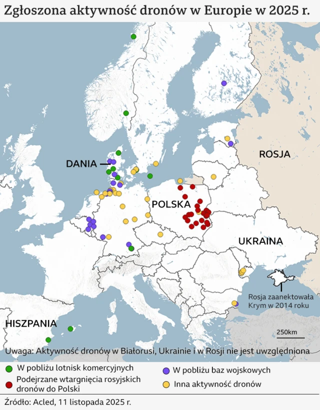 Mapa zgłoszonej aktywności dronów w Europie w 2025 r., obejmująca podejrzenia rosyjskich dronów wkraczających na teren Polski oraz w pobliżu lotnisk i baz wojskowych