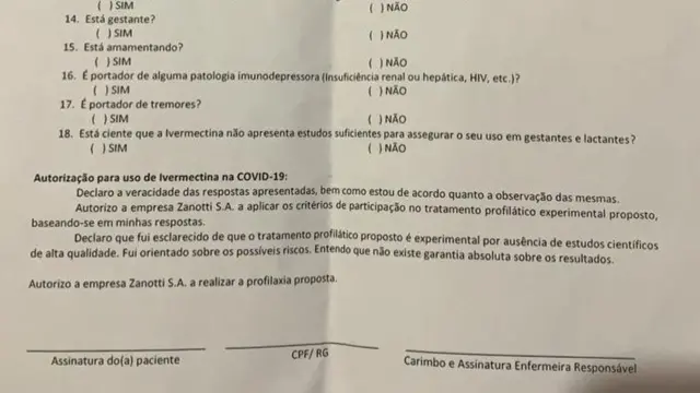 Formulário recebido por funcionários da Zanotti