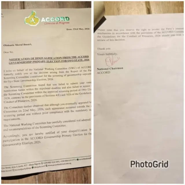 Atẹjade ti ẹgbẹ Accord fi kede pe Olakunle Busari ko le dije fun ipo gomina.