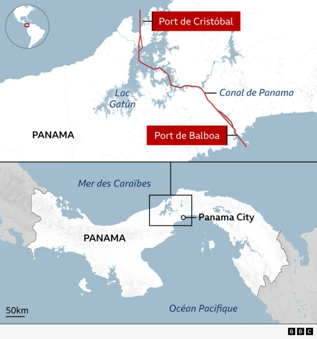 Une carte de la BBC consacrée au Panama montre le tracé du canal de Panama, entre le port de Cristóbal, sur la côte des Caraïbes, et le port de Balboa, sur la côte du Pacifique. La carte de localisation de la BBC ci-dessous met en évidence l'emplacement du canal, près de Panama City, sur l'isthme étroit reliant la mer des Caraïbes et l'océan Pacifique. Veuillez insérer ici la traduction de tous les mots à l'intention des personnes malvoyantes.