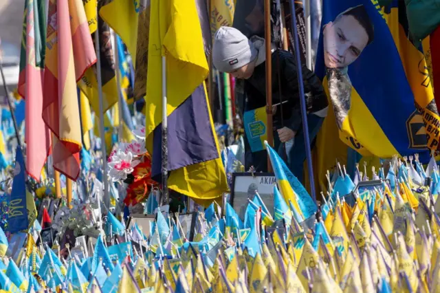 Хлопчик років 5-6 у шапці дивиться на жовто-блакитні прапорці, встановлені у пам'ять про загиблих 