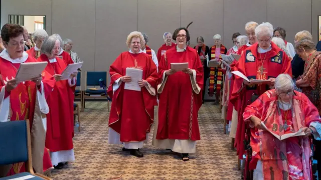 An ordination of two bishops in California in 2017 (Bishops Jane Via of San Diego and Suzanne Thiel of Portland, Oregon)
