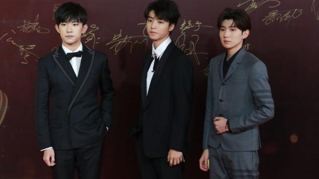 Singers Jackson Yee (aka Yi Yangqianxi), Karry Wang Junkai and Roy Wang Yuan of boy group TFBoys