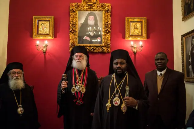 Patriarch Theodore of Alexandria and All Africa (L) and Christian Orthodox Bishop Nektarios of Gulu and northern Uganda in Cairo, Egypt - Sunday 13 February 2022