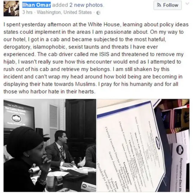 Ilhan Omar explique sa mésaventure via un poste sur Facebook