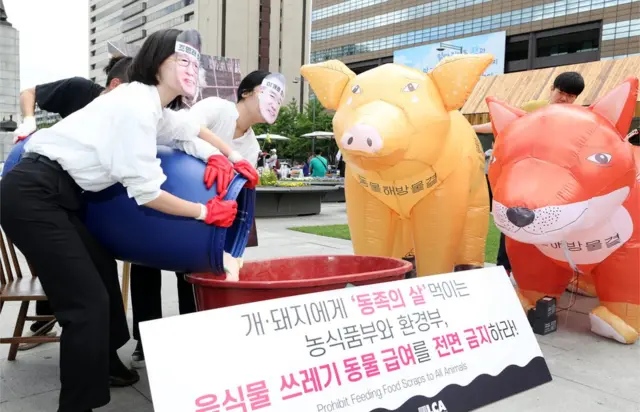 (캡션) 동물단체는 '개, 돼지에게 동족을 먹이는 잔인한 농식품부와 환경부는 음식물 쓰레기 동물 급여를 전면 금지하라'며 시위를 진행했다
