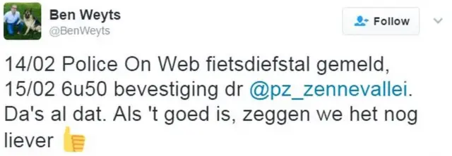 Weyts ayaa Twitter-kiisa ku xaqiijiyay in baaskiilka laga xaday