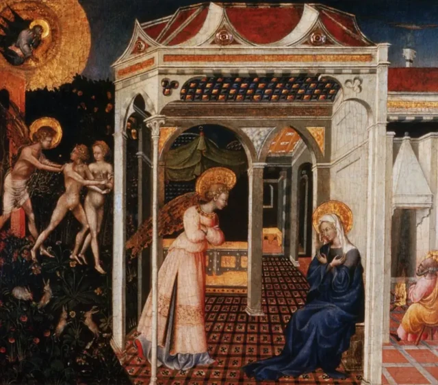 در نقاشی «بشارت و اخراج از بهشت» (حدود ۱۴۳۵) جووانی دی پائولو، دو زن نمادین مسیحیت را به تصویر کشیده است: مریم مقدس که خبر مادر شدنش را دریافت می‌کند و حوا که از باغ عدن رانده می‌شود