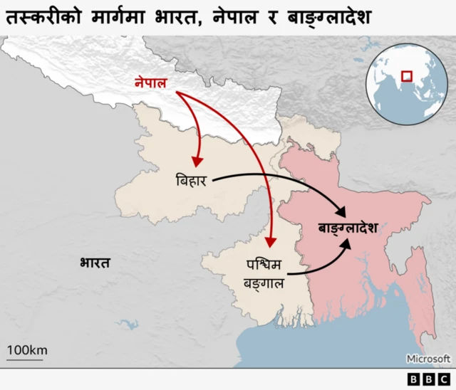 नेपाल, भारत र बाङ्ग्लादेश देखिने नक्सा