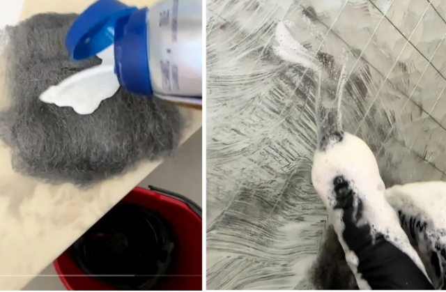 Imagens lado a lado mostram pessoa colocando produtoaposta mega pela internetlimpezaaposta mega pela internetlãaposta mega pela internetaço e depois usando para esfregar vidro