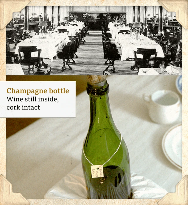 One black and white photo of one dining room on di Titanic, wit one foto of one bottle of champagne bottle wey still get wine inside, with di cork intact, wey dem recover from di wreck (Photo Getty Images, Kevin Church / BBC)