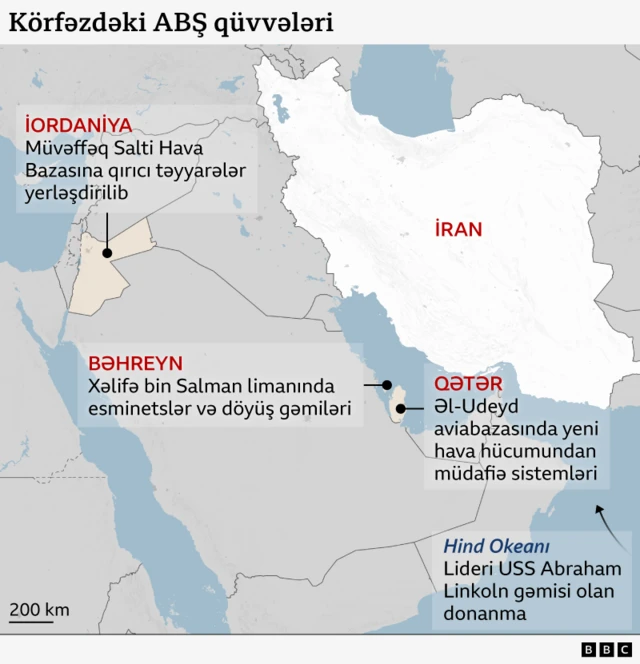 Yaxın Şərq xəritəsində ABŞ-ın İran ətrafında, Körfəzdə son hərbi əməliyyatları göstərilir. Xəritədəki etiketlərdə deyilir ki, İordaniyada qırıcı təyyarələr Müvəffəq Salti hava bazasına yerləşdirilib; Bəhreyndə esmineslər və döyüş gəmiləri Xəlifə Bin Salman limanındadır; Qətərdə isə Əl-Udeyd hava bazasında yeni hava hücumundan müdafiə sistemləri quraşdırılıb. Hind okeanında isə donanmaya USS Abraham Linkoln rəhbərlik edir.