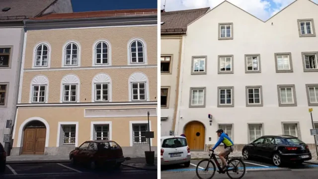 دو تصویر جداگانه از یک ساختمان، قبل و بعد از بازسازی