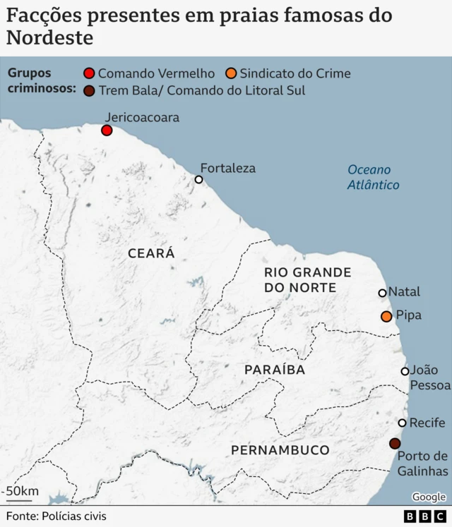 Mapa mostra facções presentes em praias do nordeste