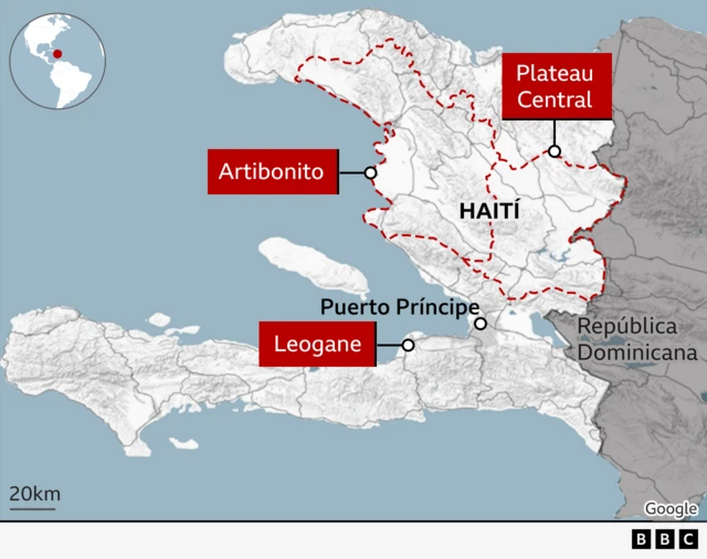 Mapa de Haití con las zonas de Plateau Central, Artibonito y Leogane señaladas