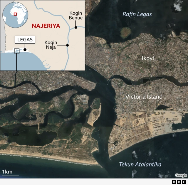 Hoton tauraron ɗan adam da ke nuna birnin Legas, da Tekun Atlantika, da Tafkin Legas (Lagos Lagoon), da kuma tsibiran Ikoyi da Victoria