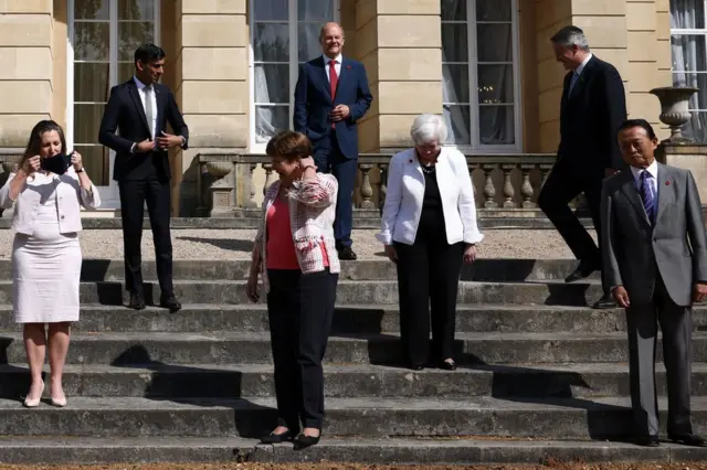 (left to right) Canada's Finance Minister Chrystia Freeland, Britain's Chancellor of the Exchequer Chancellor Rishi Sunak, Managing Director of the IMF Kristalina Georgieva, Germany's Finance Minister Olaf Scholz, US Treasury Secretary Janet Yellen, Secretary-General of the Organisation for Economic Co-operation and Development Mathias Cormann, Japan"s Finance Minister Taro Aso, as finance ministers from across the G7 nations meet at Lancaster House in London ahead of the G7 leaders" summit, 5 June