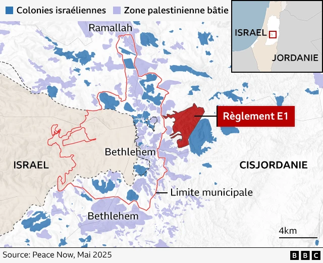 Carte montrant l'emplacement de la colonie E1 en Cisjordanie